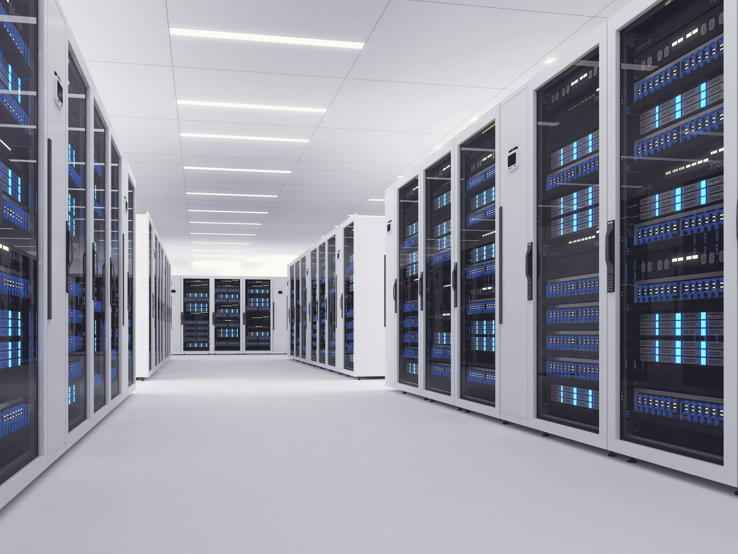 Photo of the computer systems, servers, networking gear, and support infrastructure needed to store, process, and transmit digital data within a data center.